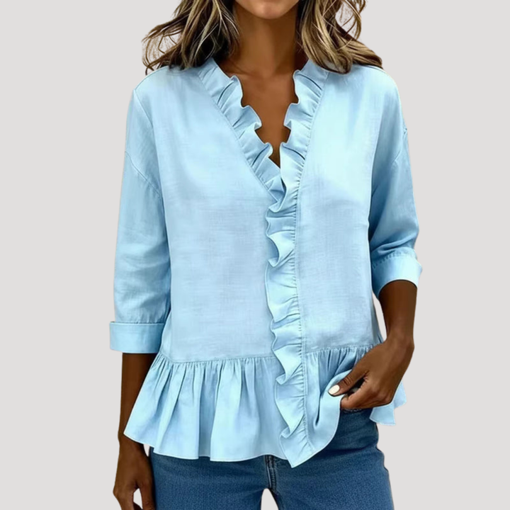 Theodora | Women's Ruffle Trim V-Neck Peplum Blouse - Green - Image 2