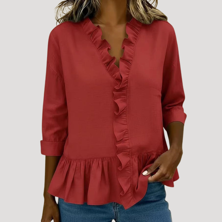 Theodora | Women's Ruffle Trim V-Neck Peplum Blouse - Green - Image 3
