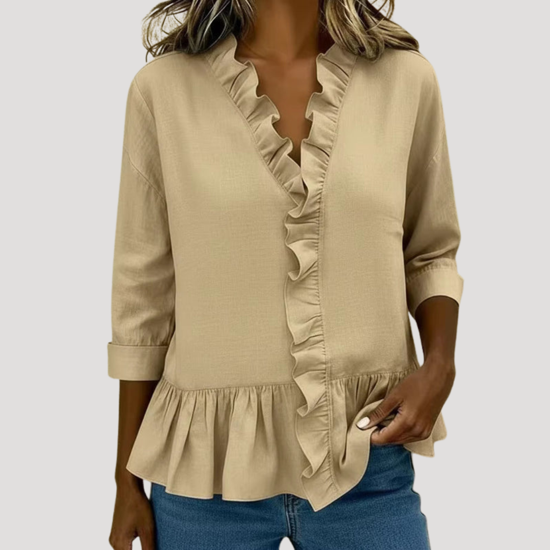 Theodora | Women's Ruffle Trim V-Neck Peplum Blouse - Green - Image 4