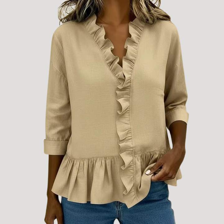 Theodora | Women's Ruffle Trim V-Neck Peplum Blouse - Green - Image 4