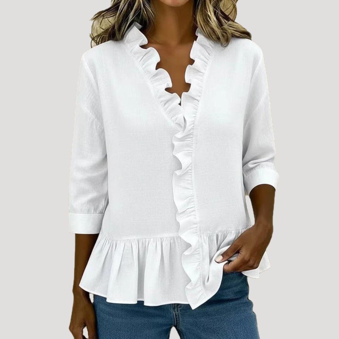 Theodora | Women's Ruffle Trim V-Neck Peplum Blouse - Green - Image 5