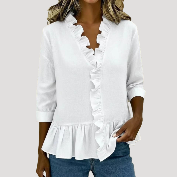 Theodora | Women's Ruffle Trim V-Neck Peplum Blouse - Green - Image 5