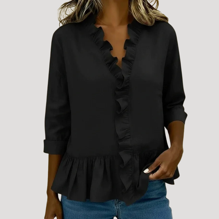 Theodora | Women's Ruffle Trim V-Neck Peplum Blouse - Green - Image 6