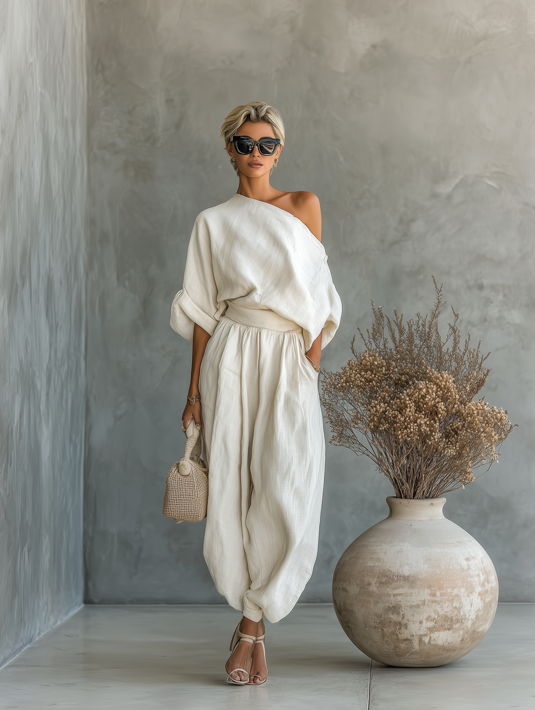 Thessaly | Women's Off Shoulder Long Sleeve Two Piece Set - Beige - Image 2