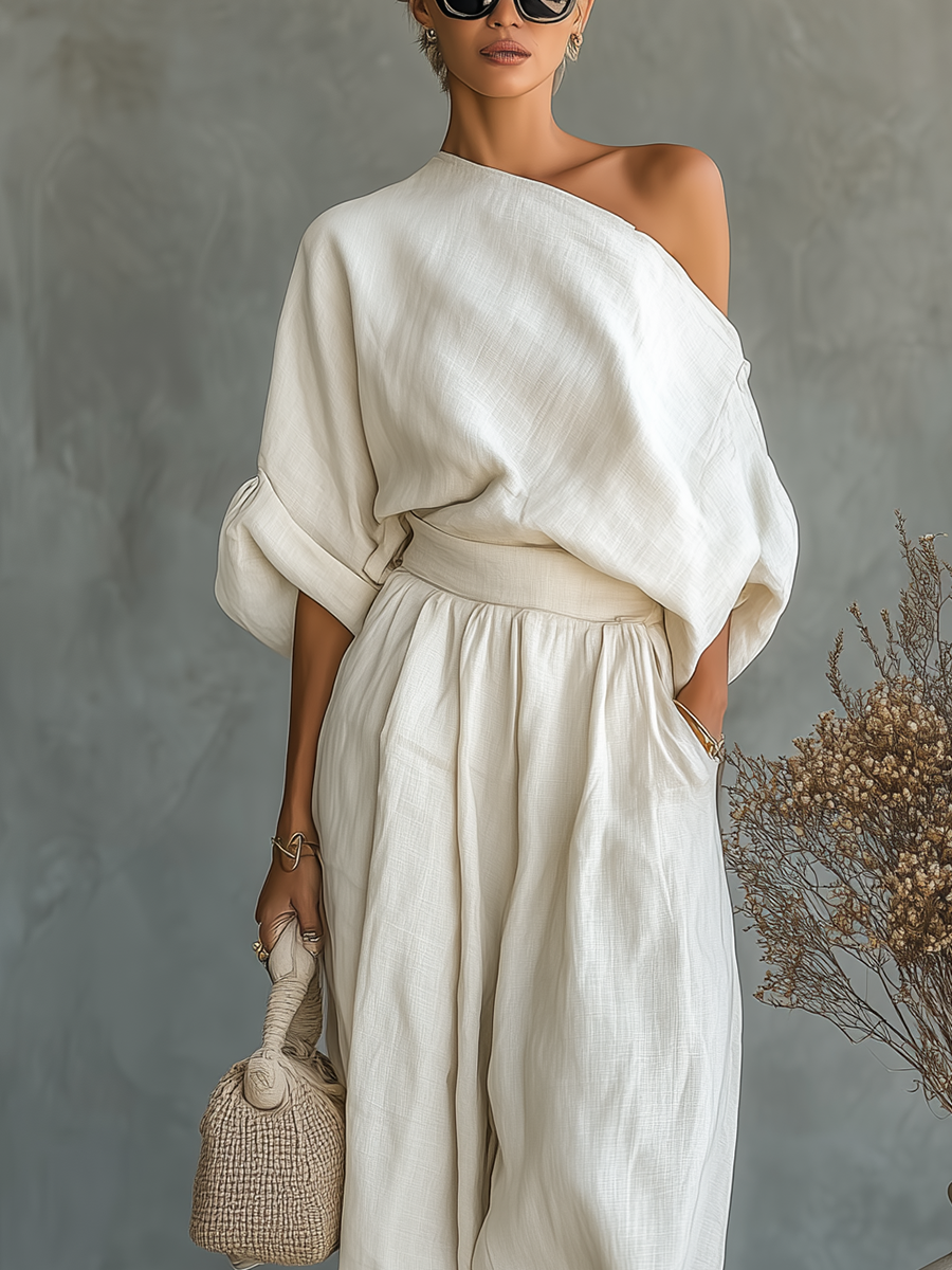 Thessaly | Women's Off Shoulder Long Sleeve Two Piece Set - Beige - Image 3