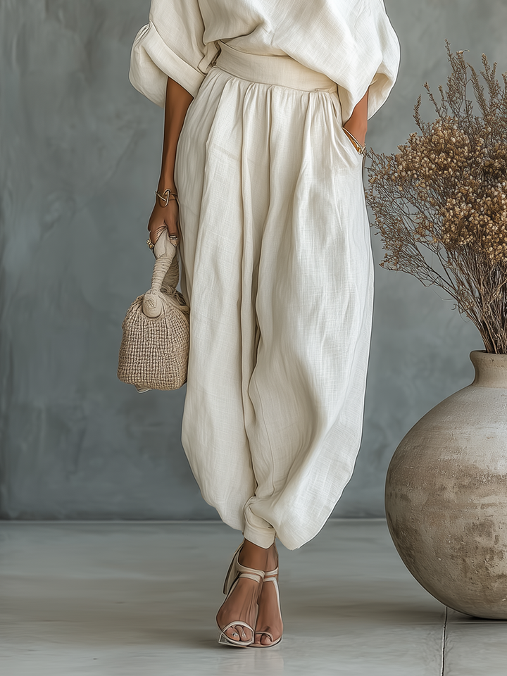 Thessaly | Women's Off Shoulder Long Sleeve Two Piece Set - Beige - Image 4
