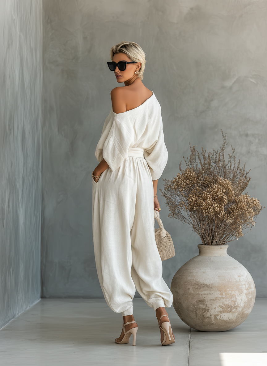 Thessaly | Women's Off Shoulder Long Sleeve Two Piece Set - Beige - Image 5