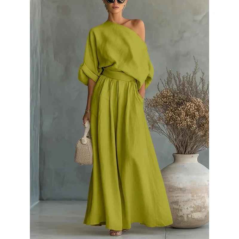 Thessaly | Women's Off Shoulder Long Sleeve Two Piece Set - Beige - Image 7