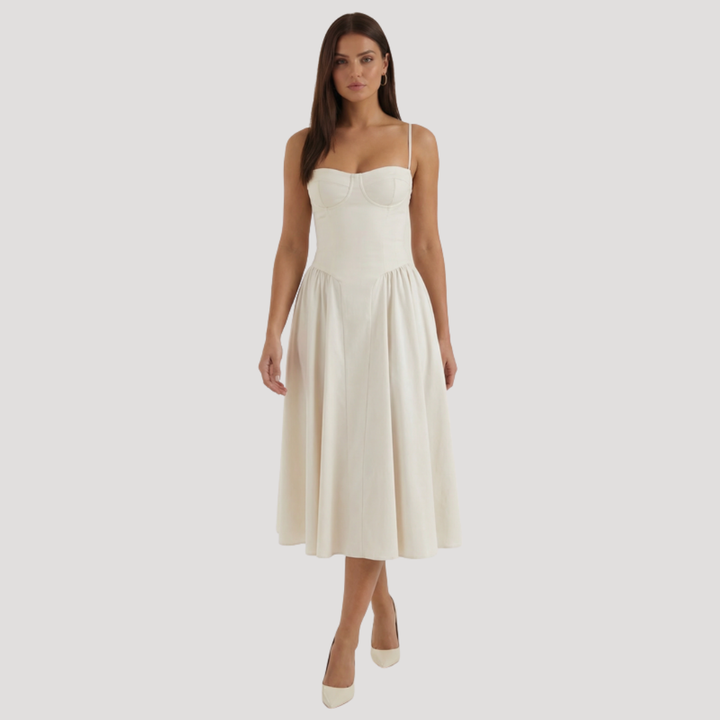 Thessaly | Women's Sweetheart Midi Dress - Champagne - Image 1