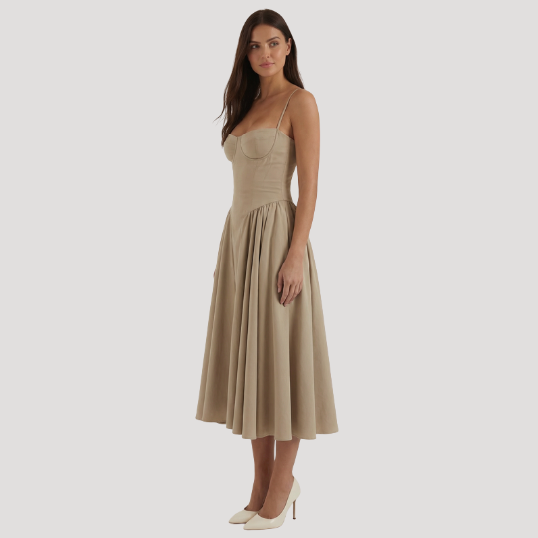 Thessaly | Women's Sweetheart Midi Dress - Champagne - Image 32