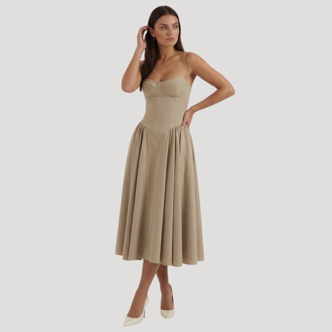 Thessaly | Women's Sweetheart Midi Dress - Champagne - Image 6