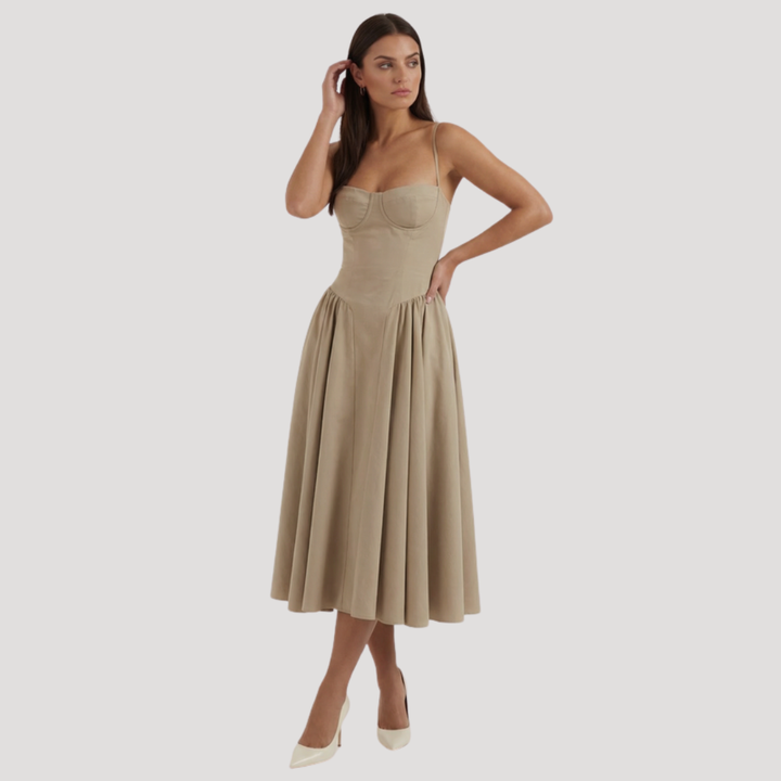 Thessaly | Women's Sweetheart Midi Dress - Champagne - Image 6