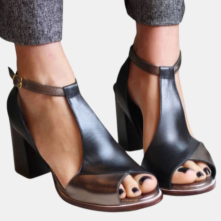 Tiana | Women's Peep Toe Block Heel Sandals - Black - Image 1