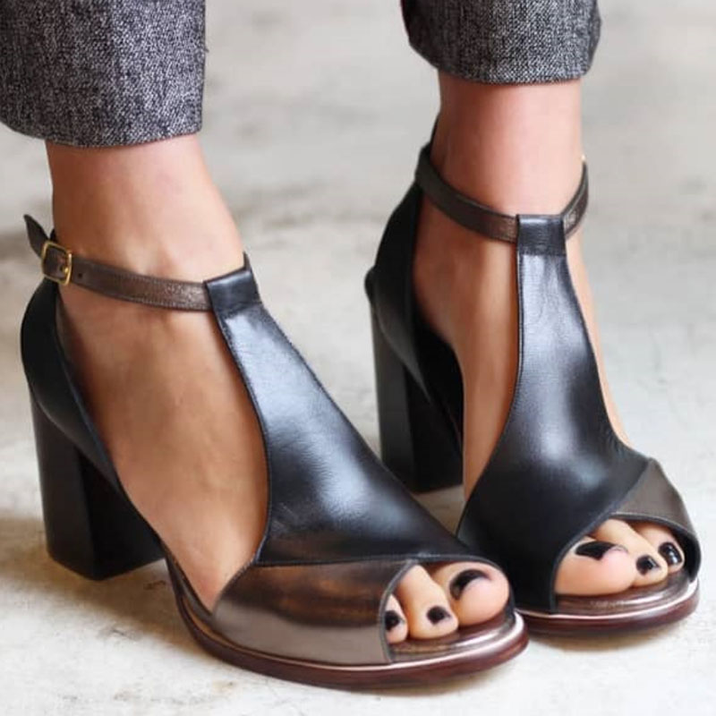 Tiana | Women's Peep Toe Block Heel Sandals - Black - Image 2