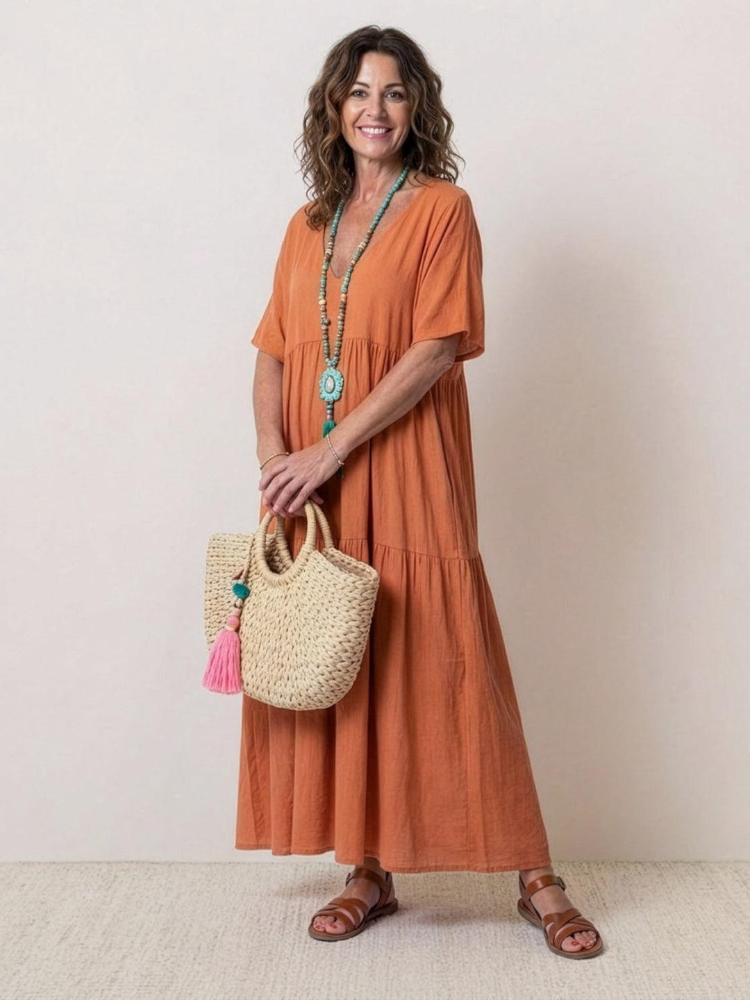 Sienna | Women's V-Neck Tiered Maxi Swing Dress with Short Sleeves