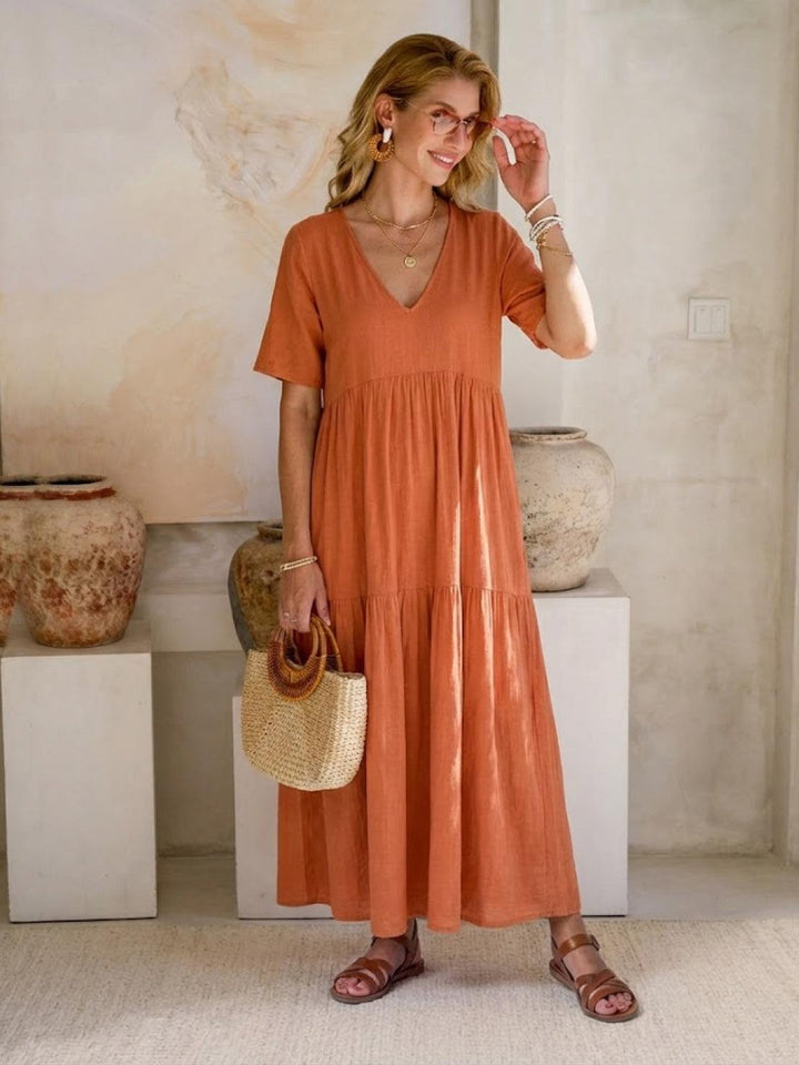 Sienna | Women's V-Neck Tiered Maxi Swing Dress with Short Sleeves