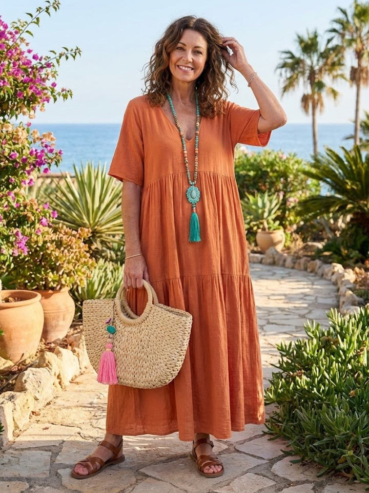 Sienna | Women's V-Neck Tiered Maxi Swing Dress with Short Sleeves
