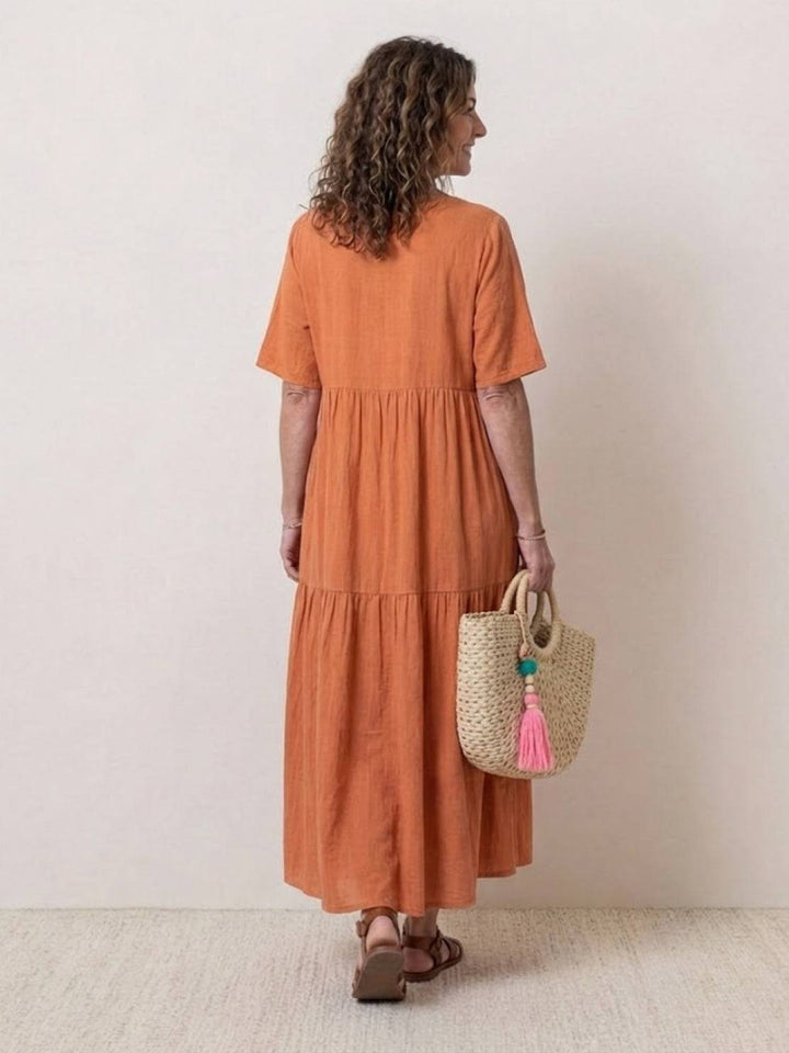 Sienna | Women's V-Neck Tiered Maxi Swing Dress with Short Sleeves