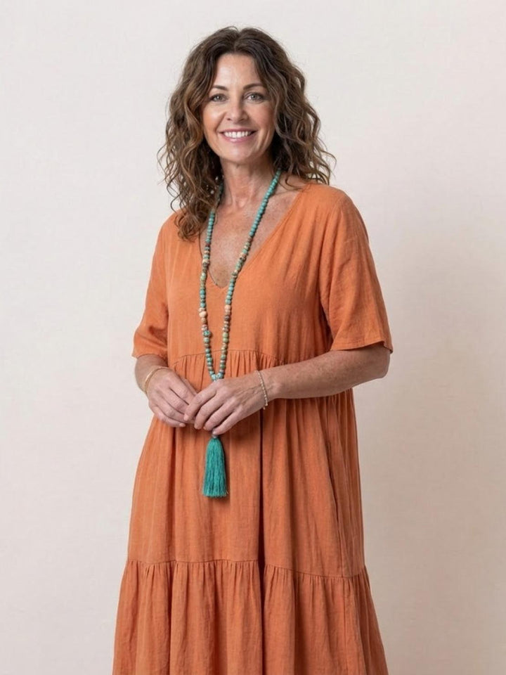 Sienna | Women's V-Neck Tiered Maxi Swing Dress with Short Sleeves