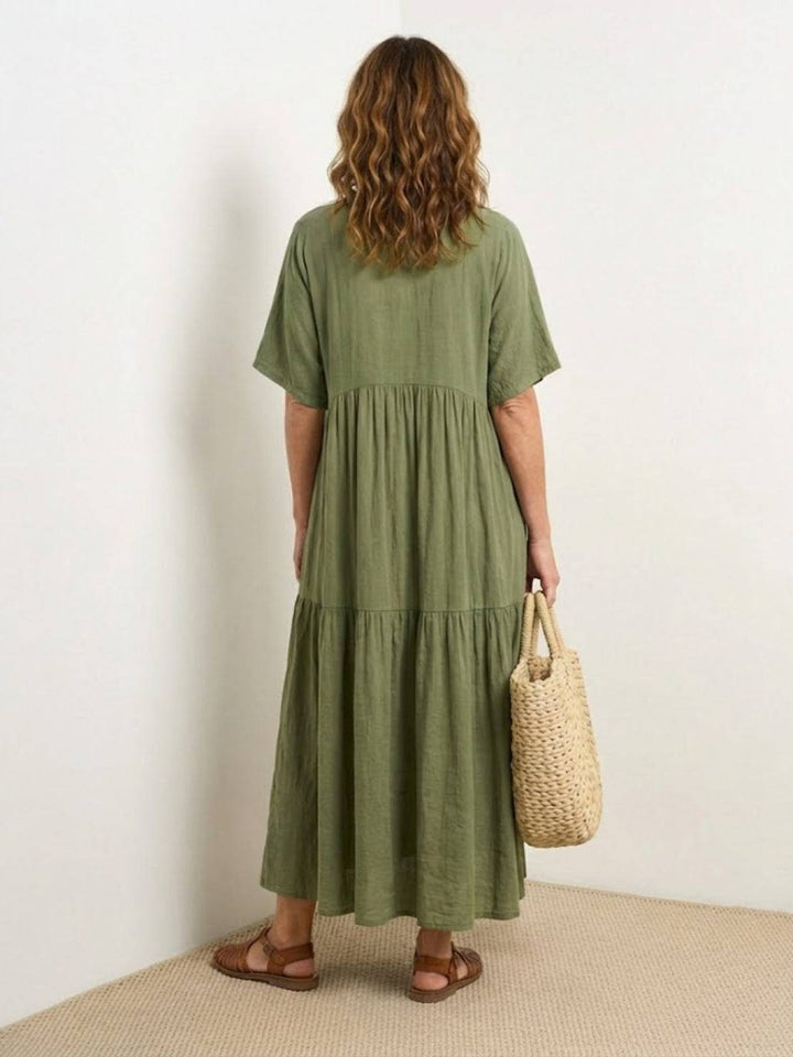 Sienna | Women's V-Neck Tiered Maxi Swing Dress with Short Sleeves
