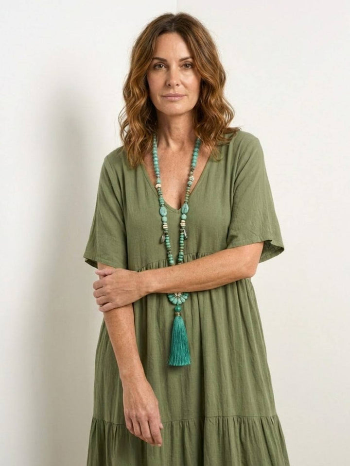 Sienna | Women's V-Neck Tiered Maxi Swing Dress with Short Sleeves