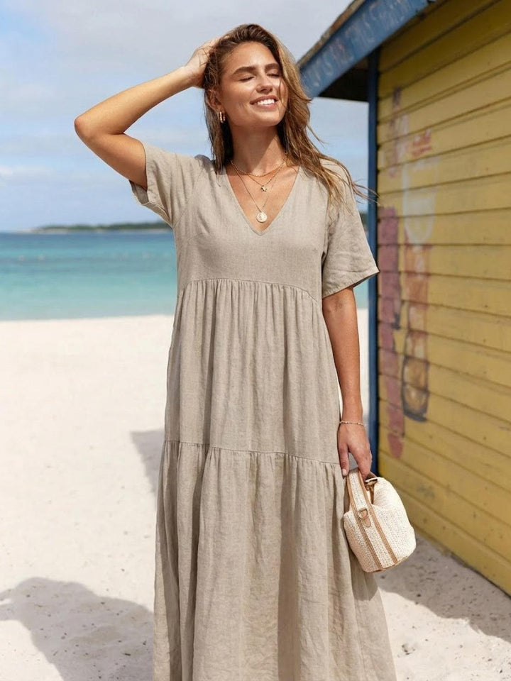 Sienna | Women's V-Neck Tiered Maxi Swing Dress with Short Sleeves