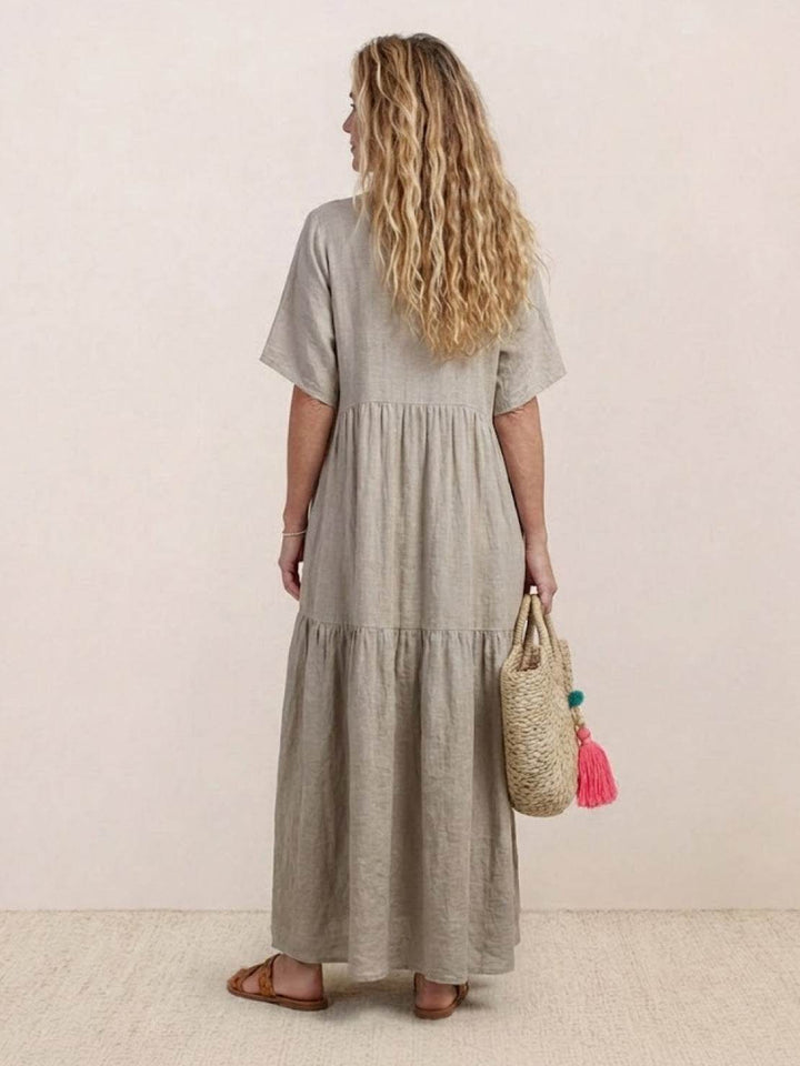 Sienna | Women's V-Neck Tiered Maxi Swing Dress with Short Sleeves