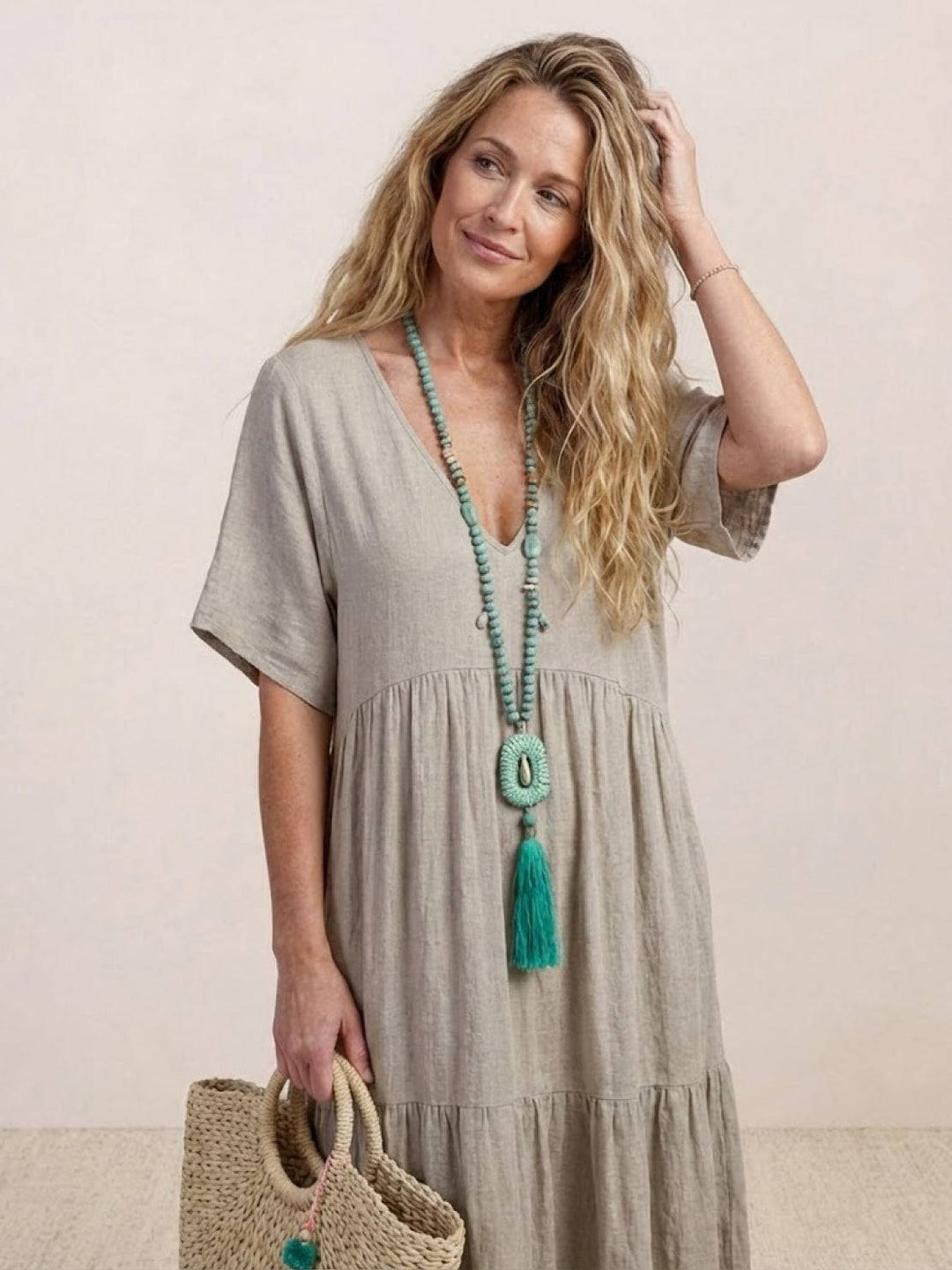 Sienna | Women's V-Neck Tiered Maxi Swing Dress with Short Sleeves