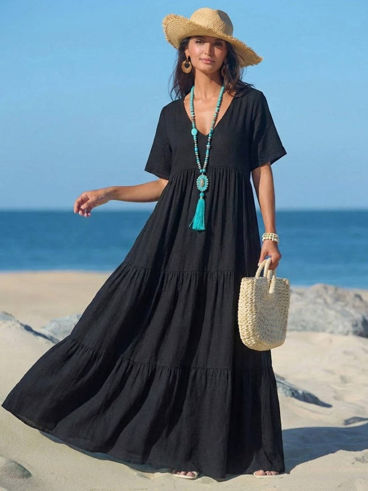 Sienna | Women's V-Neck Tiered Maxi Swing Dress with Short Sleeves