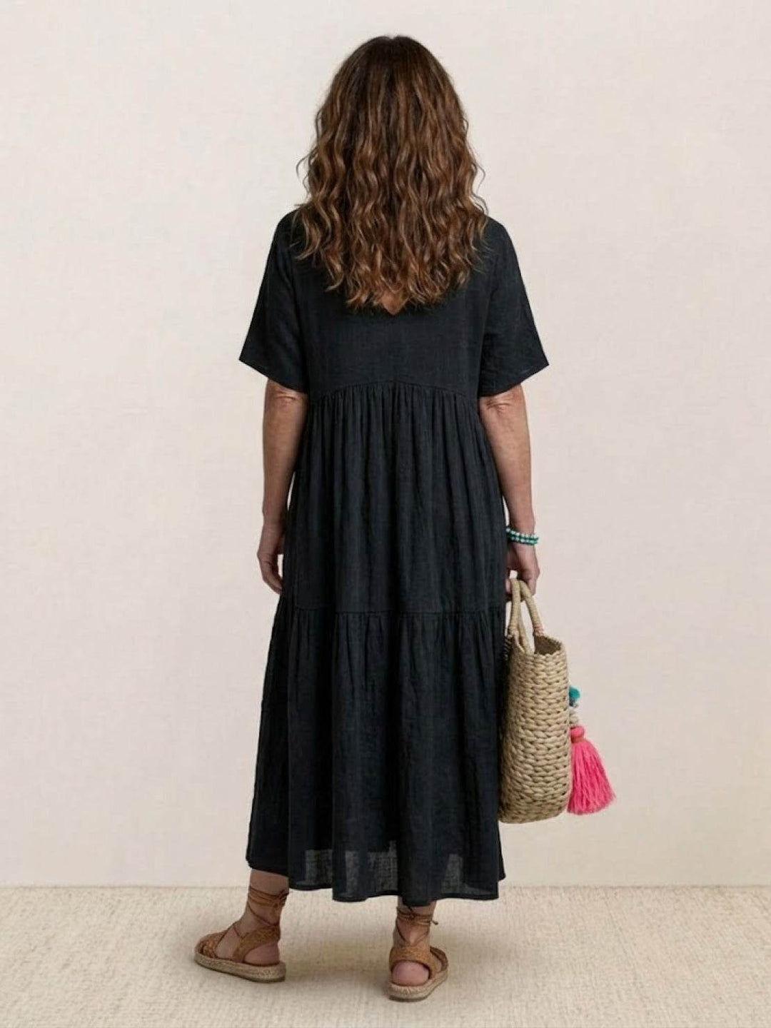 Sienna | Women's V-Neck Tiered Maxi Swing Dress with Short Sleeves