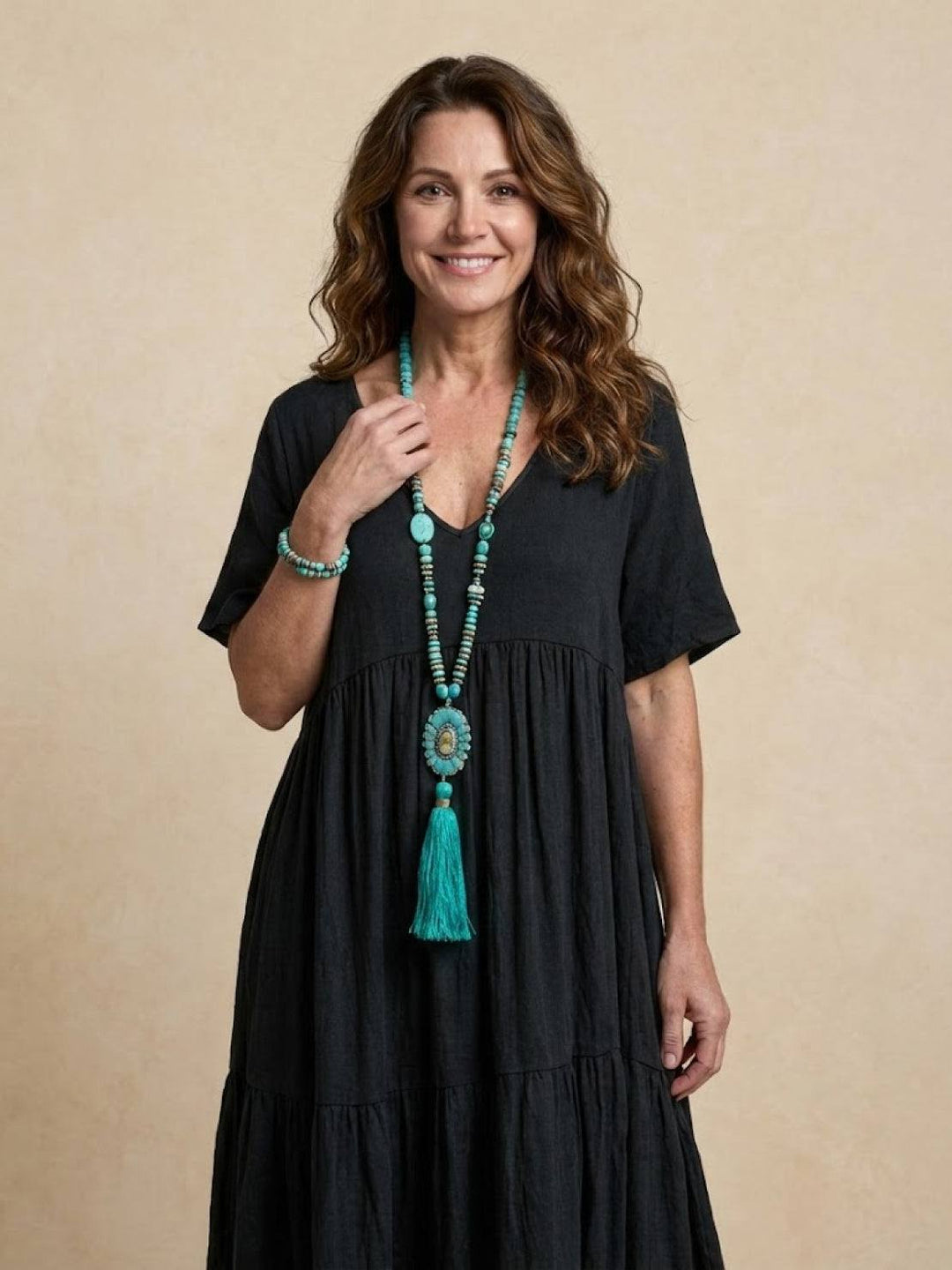 Sienna | Women's V-Neck Tiered Maxi Swing Dress with Short Sleeves