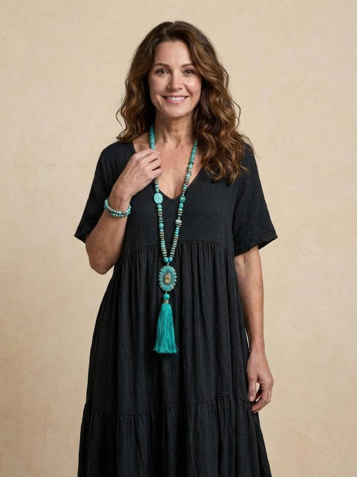 Sienna | Women's V-Neck Tiered Maxi Swing Dress with Short Sleeves
