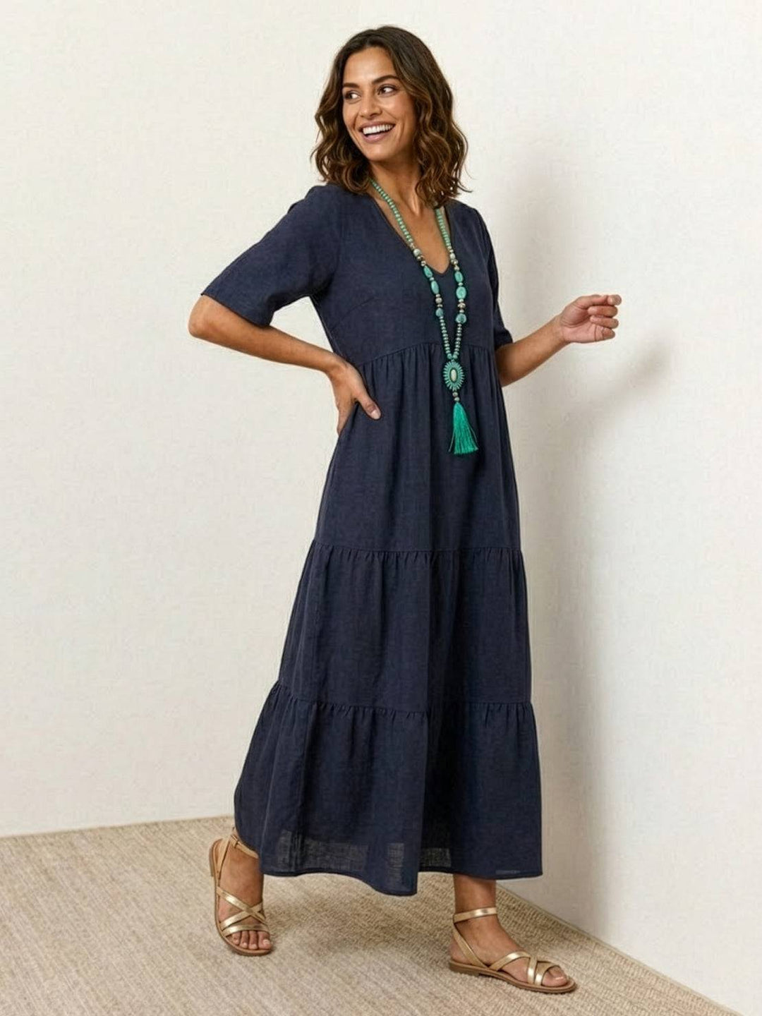 Sienna | Women's V-Neck Tiered Maxi Swing Dress with Short Sleeves