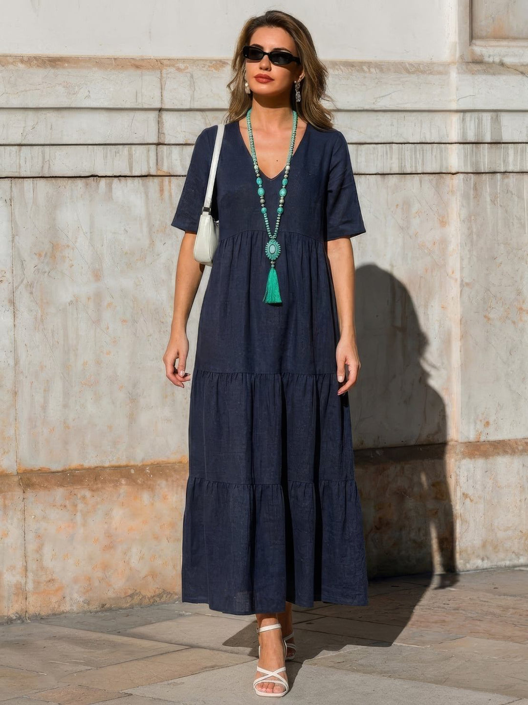 Sienna | Women's V-Neck Tiered Maxi Swing Dress with Short Sleeves