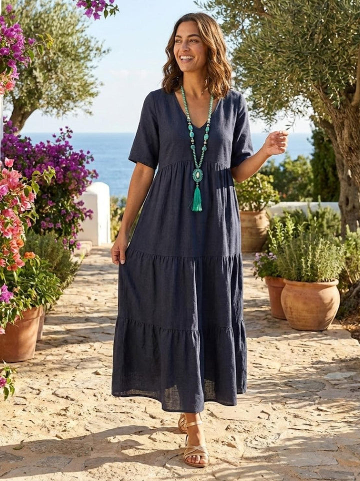 Sienna | Women's V-Neck Tiered Maxi Swing Dress with Short Sleeves