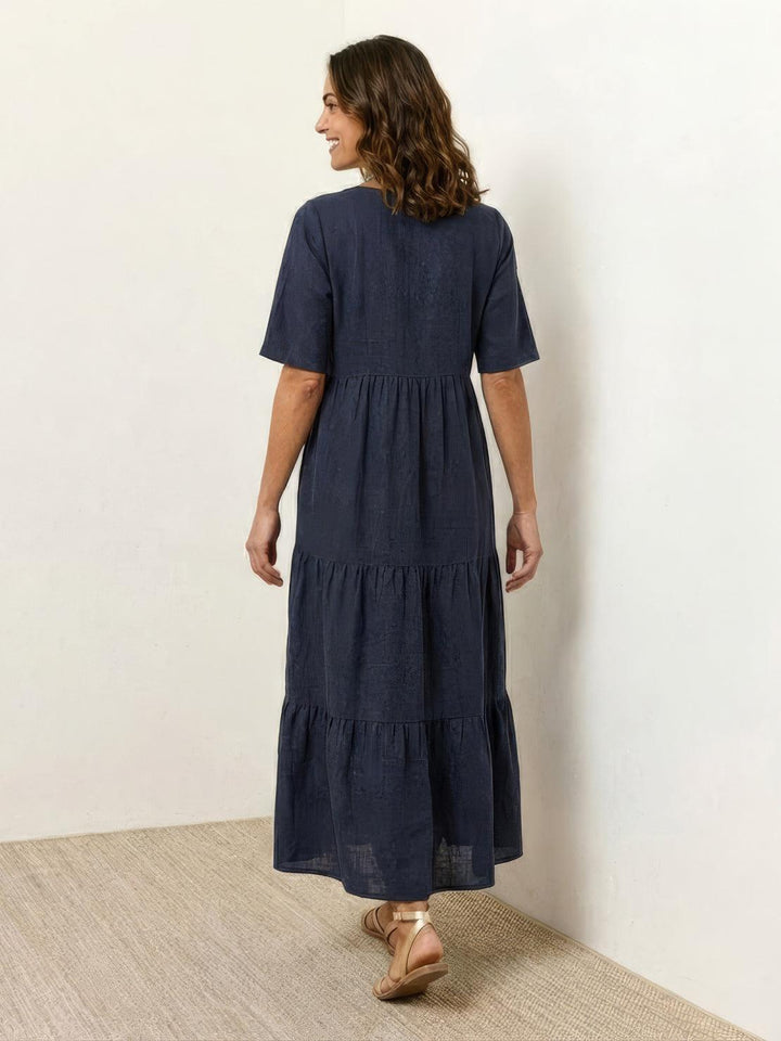 Sienna | Women's V-Neck Tiered Maxi Swing Dress with Short Sleeves