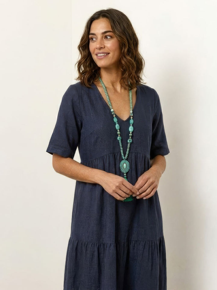 Sienna | Women's V-Neck Tiered Maxi Swing Dress with Short Sleeves