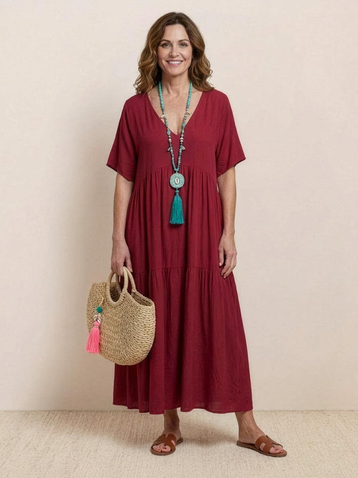 Sienna | Women's V-Neck Tiered Maxi Swing Dress with Short Sleeves