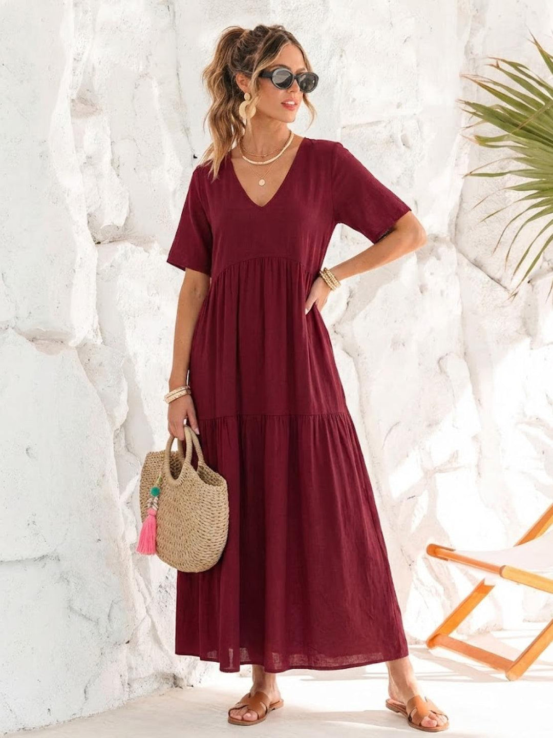 Sienna | Women's V-Neck Tiered Maxi Swing Dress with Short Sleeves