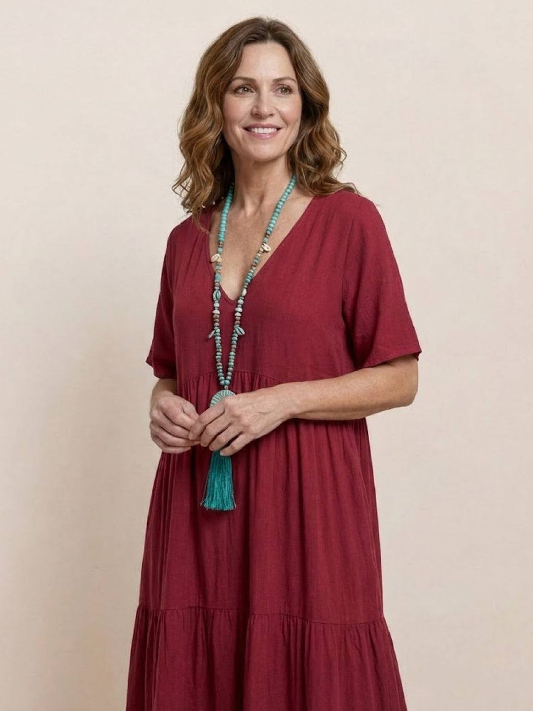 Sienna | Women's V-Neck Tiered Maxi Swing Dress with Short Sleeves