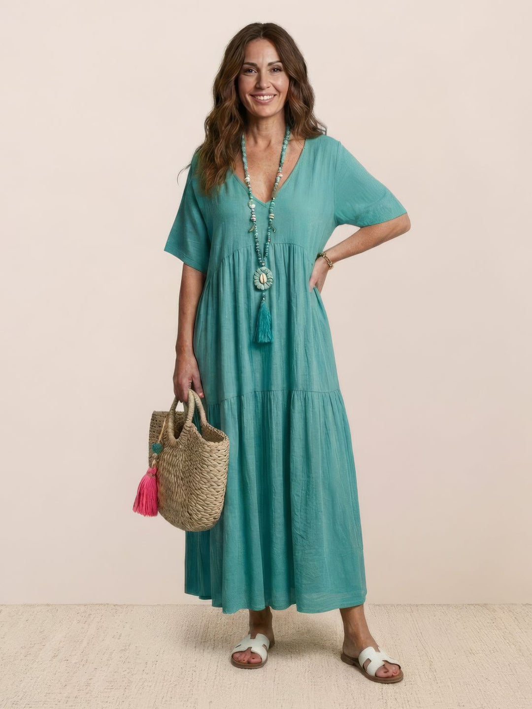 Sienna | Women's V-Neck Tiered Maxi Swing Dress with Short Sleeves