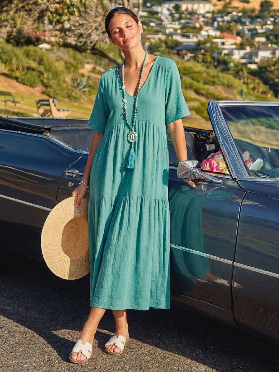 Sienna | Women's V-Neck Tiered Maxi Swing Dress with Short Sleeves