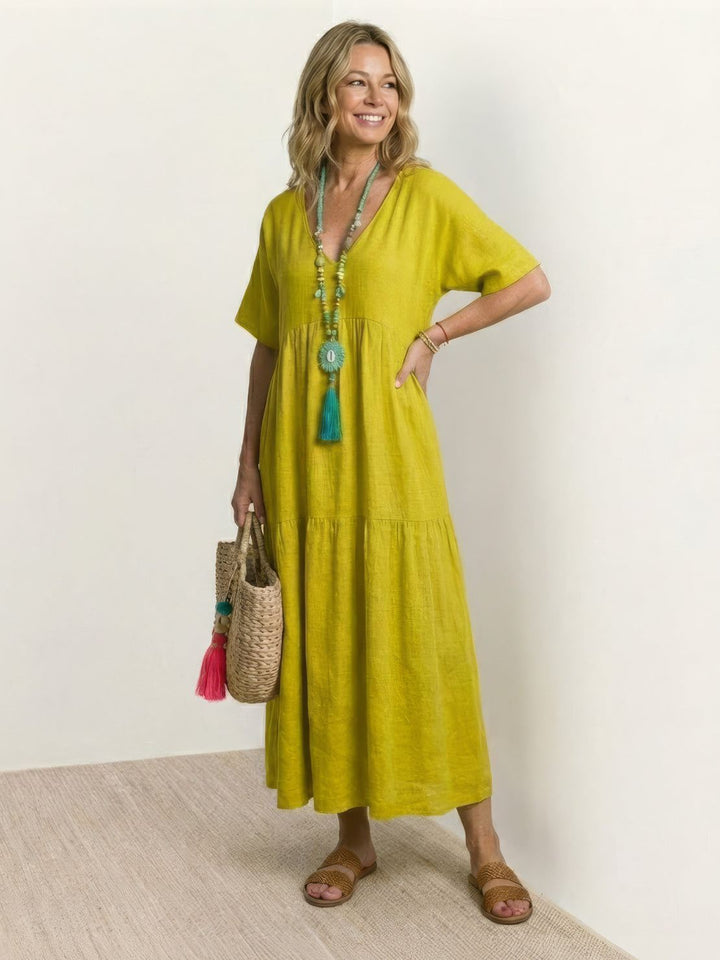 Sienna | Women's V-Neck Tiered Maxi Swing Dress with Short Sleeves