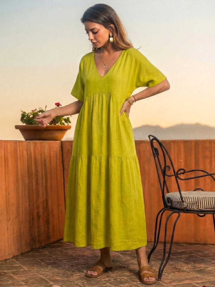 Sienna | Women's V-Neck Tiered Maxi Swing Dress with Short Sleeves