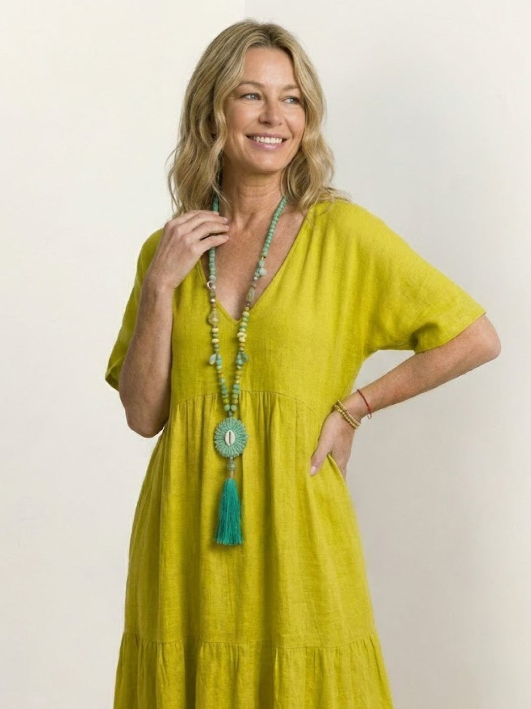 Sienna | Women's V-Neck Tiered Maxi Swing Dress with Short Sleeves