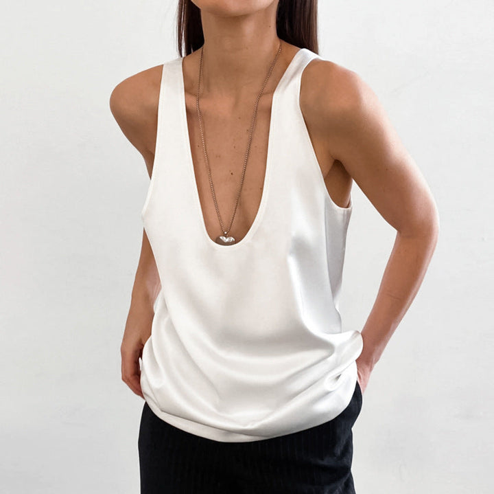 Vael | Women's Deep Scoop Neck Sleeveless Top - White - Image 2