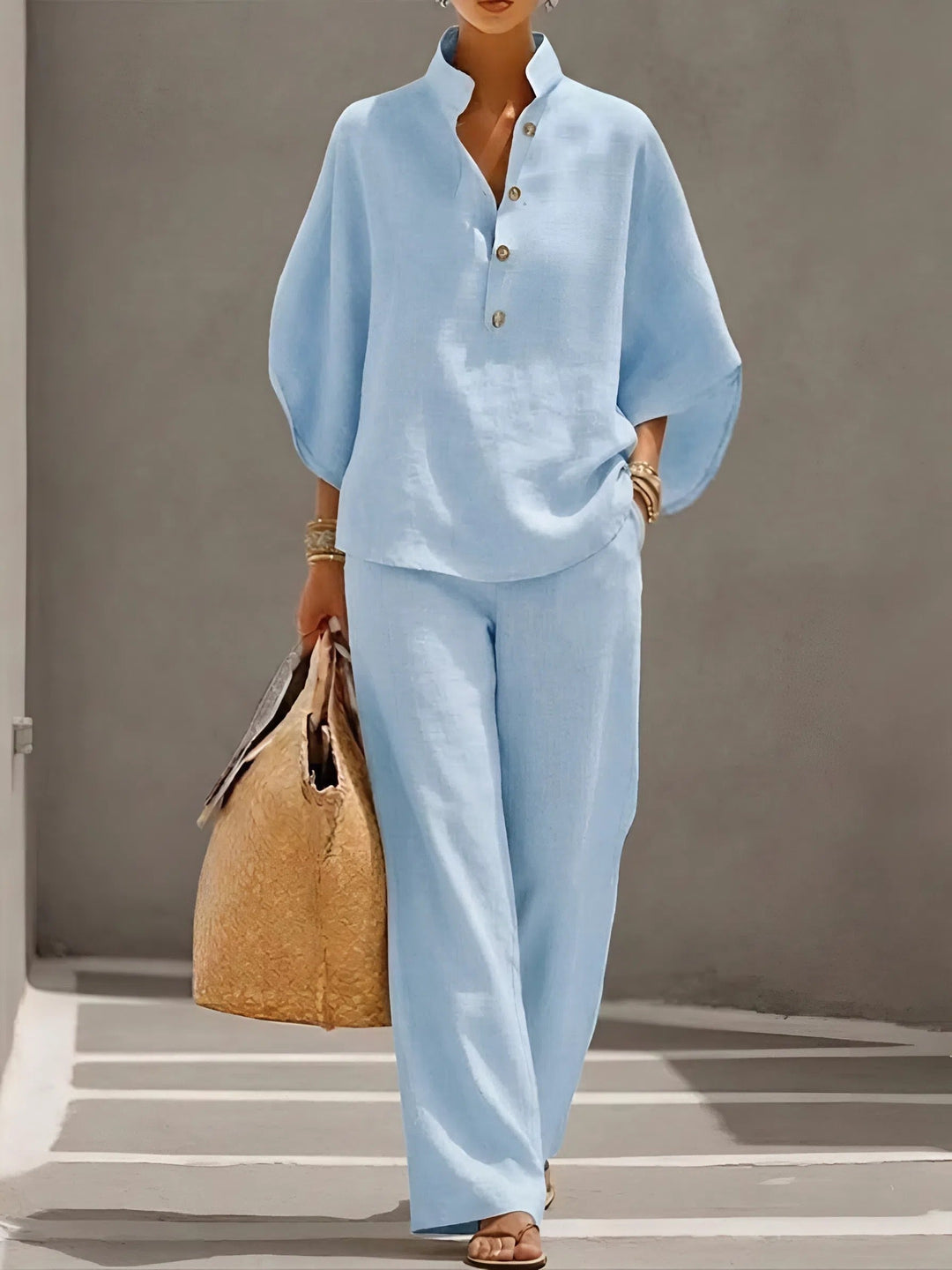 Valentina | Women's Button Up Wide Leg Set - Beige - Image 2