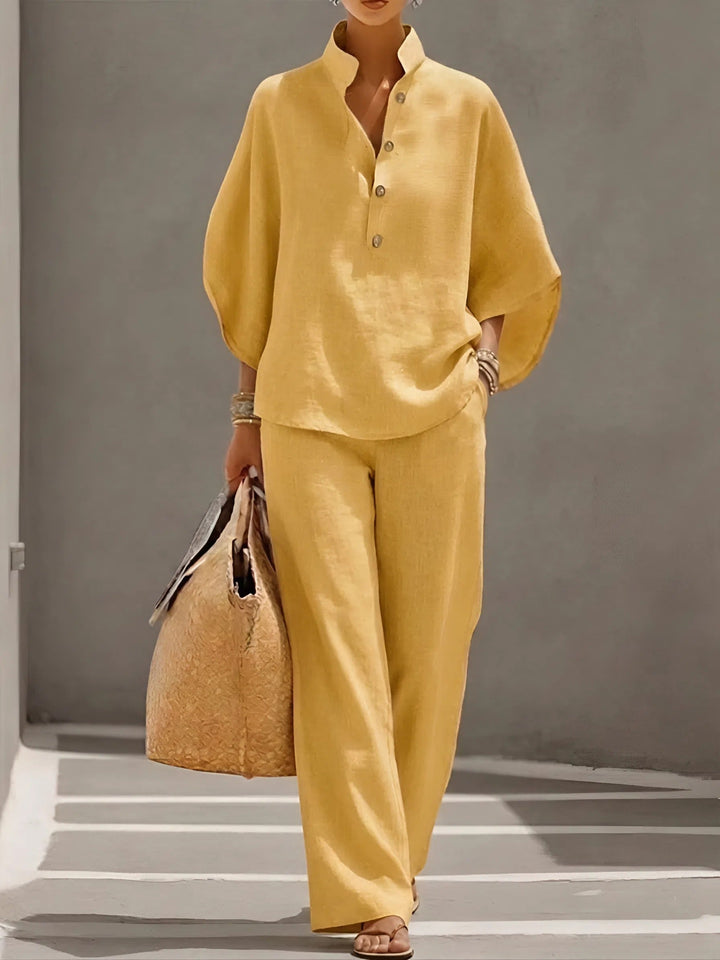 Valentina | Women's Button Up Wide Leg Set - Beige - Image 4