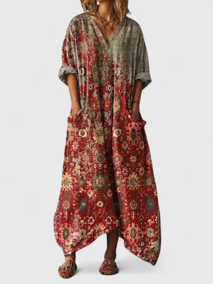 Valentina | Women's Paisley Print V-Neck Maxi Dress - Orange - Image 2