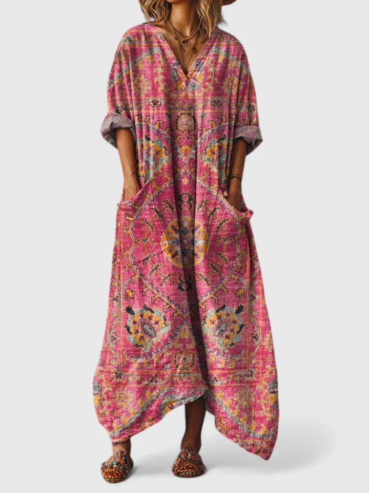 Valentina | Women's Paisley Print V-Neck Maxi Dress - Orange - Image 4